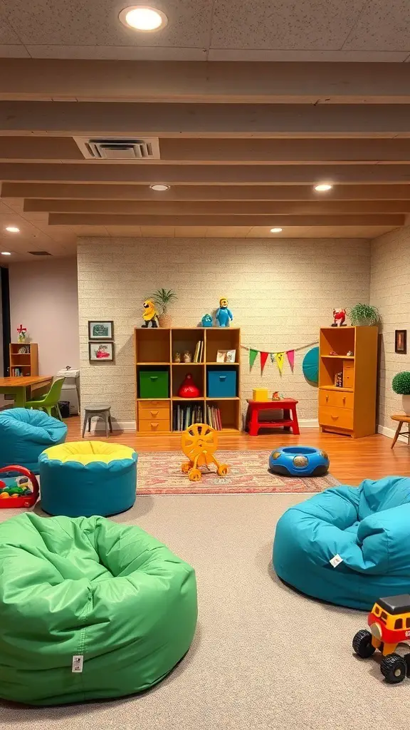 19+ Cozy Unfinished Basement Ideas to Transform Your Space 5 A colorful play area for kids in an unfinished basement, featuring bean bags, toys, and cheerful decor.