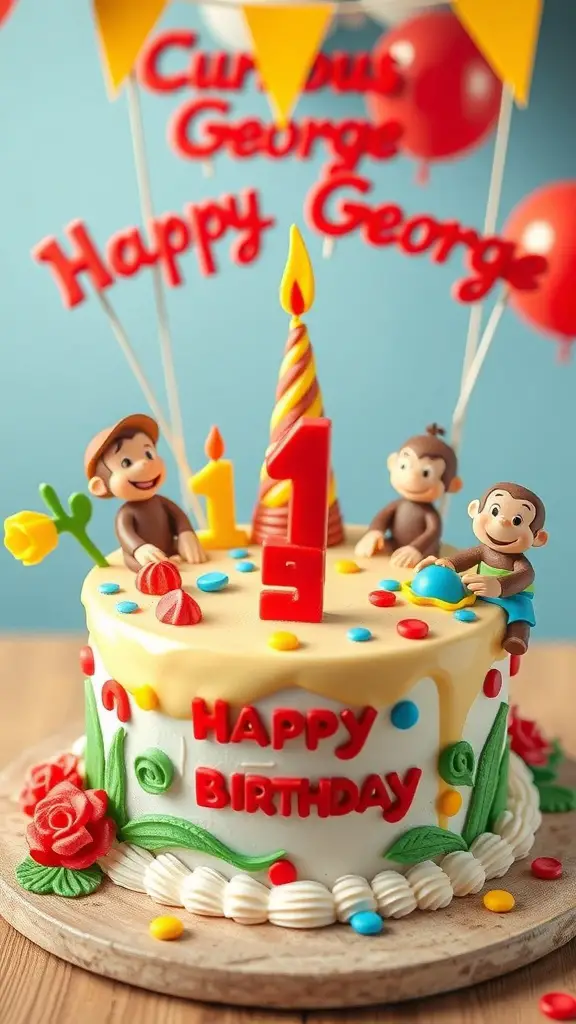 23+ Creative Curious George Birthday Party Ideas for a Fun Celebration 7 Curious George themed birthday cake with decorations and figurines