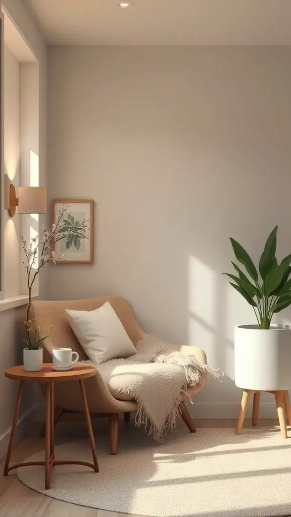 23+ Cozy Small Facial Room Ideas for a Relaxing Retreat 5 A cozy corner featuring a comfortable chair, a side table with a cup, and a plant, bathed in natural light.