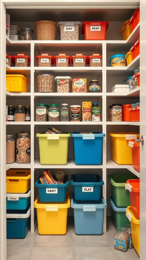 25+ Creative Corner Kitchen Pantry Ideas You’ll Love 4 A well-organized corner kitchen pantry featuring colorful storage bins.