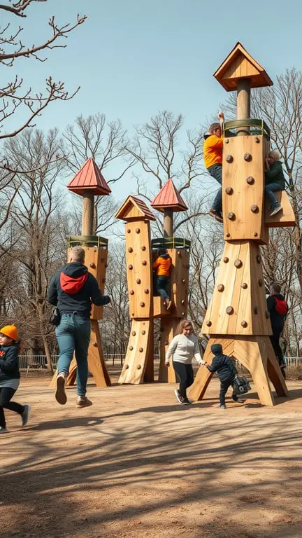 15 Inspiring Outdoor Learning Spaces for Creative Education 10 Children playing on wooden climbing structures in an outdoor playground.