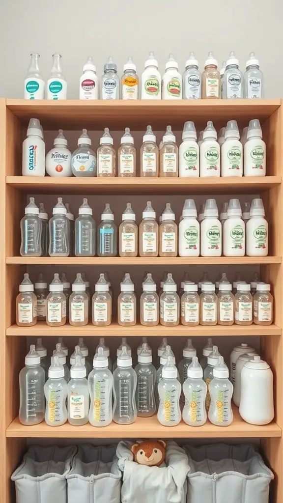 15+ Creative Baby Bottle Organization Ideas for a Clutter-Free Space 13 A multi-tiered shelf displaying various baby bottles in an organized manner.