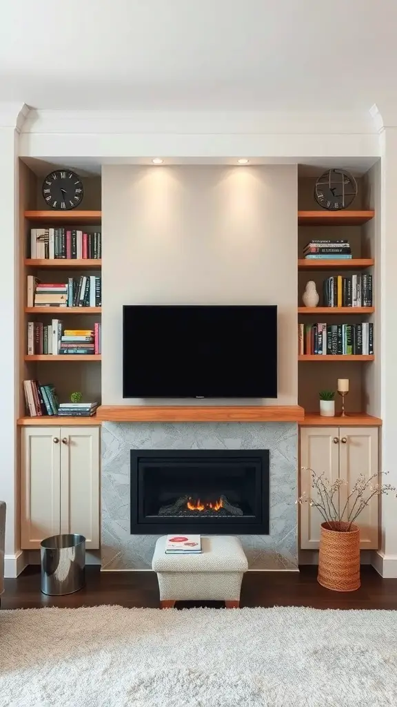 25+ Cozy Living Room Fireplace Ideas for a Warm Atmosphere 9 A modern living room featuring a fireplace with built-in shelving, a TV mounted above, and decorative items on the shelves.