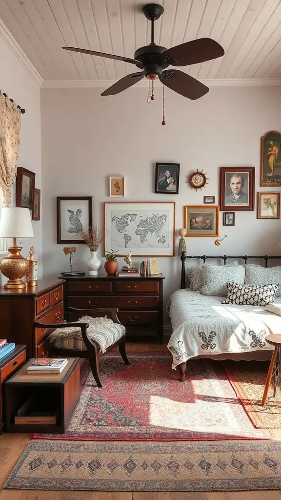 A vintage eclectic bedroom with wooden furniture, layered rugs, and framed artwork on the walls.