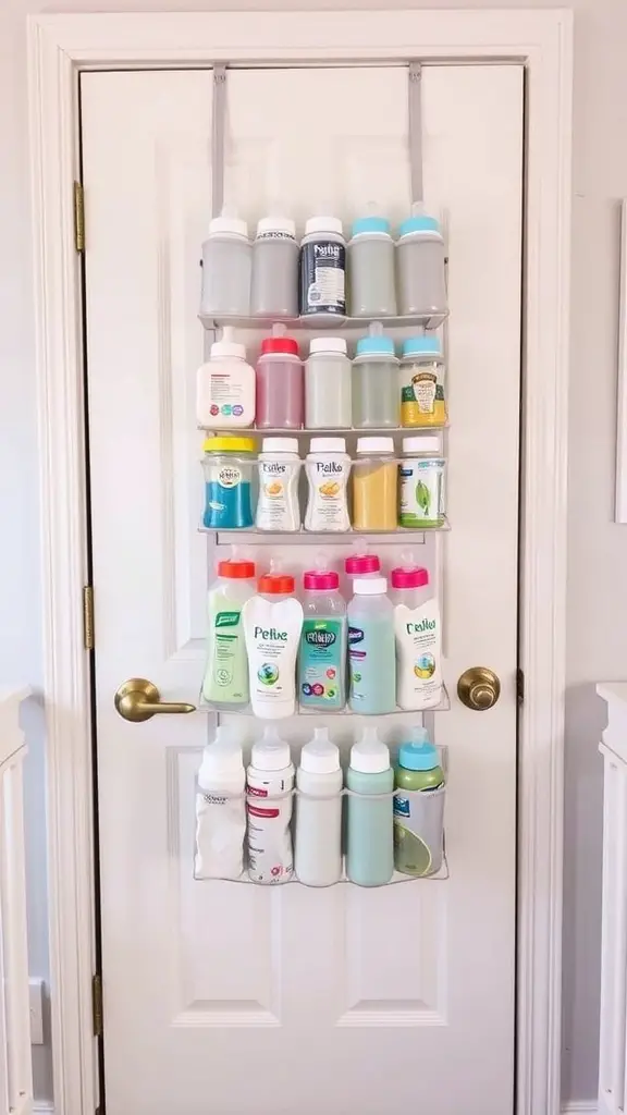 15+ Creative Baby Bottle Organization Ideas for a Clutter-Free Space 11 An over-the-door organizer filled with various bottles, showcasing an efficient storage solution.