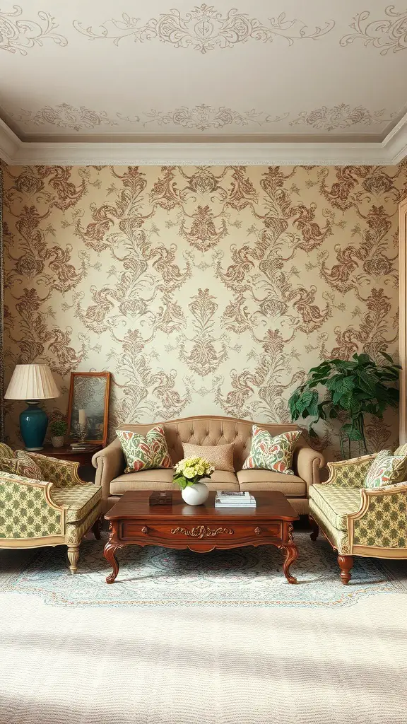 A vintage living room with floral wallpaper, elegant furniture, and a cozy atmosphere.