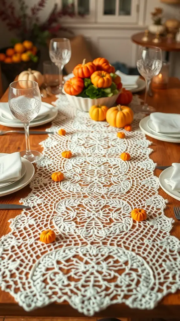 23+ Cozy Fall Crochet Ideas You’ll Love 12 A crochet table runner on a wooden table decorated with small pumpkins and elegant dinnerware.