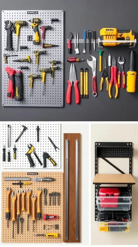 A well-organized tool wall with various tools displayed on a pegboard.