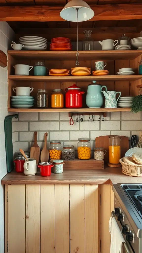 A cozy cottage kitchen featuring rustic open shelving with colorful dishes and jars.