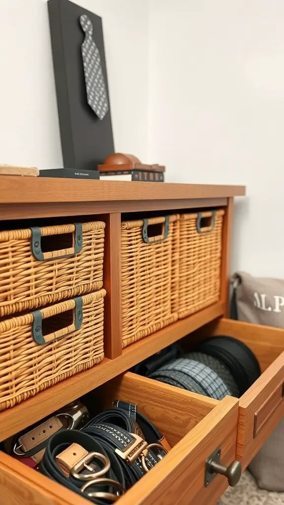 25 Creative Ideas for Dresser Organization with 15 Must-Have Items 7 A dresser with woven baskets for organizing small items like belts and ties.