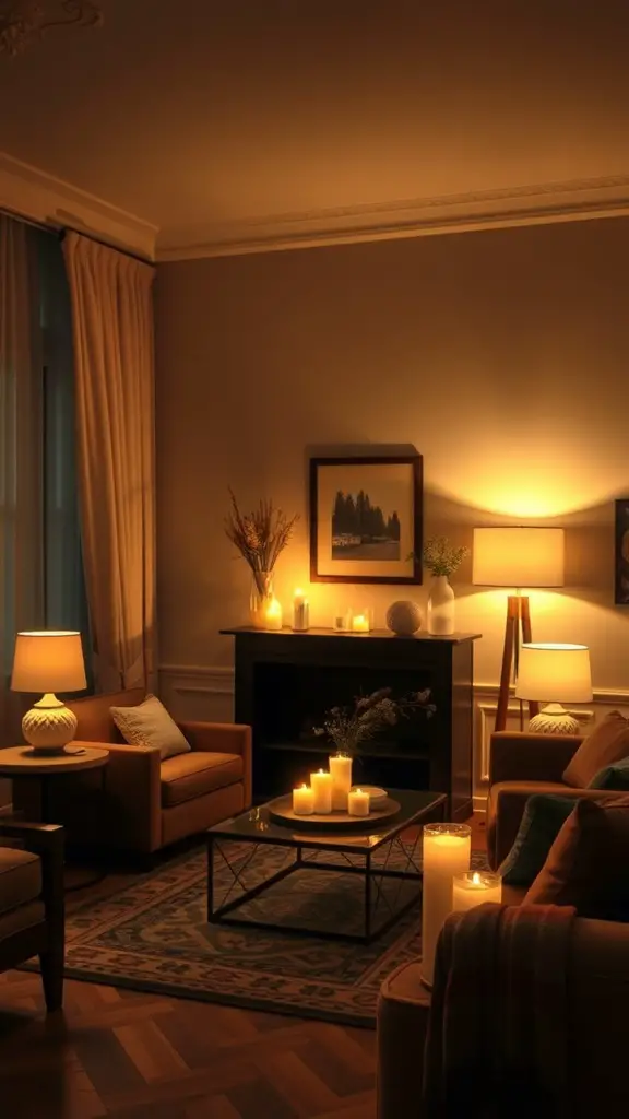 23+ Cozy Fall Living Room Decor Ideas to Transform Your Space 5 A cozy living room with layered lighting, featuring table lamps and candles for a warm atmosphere.