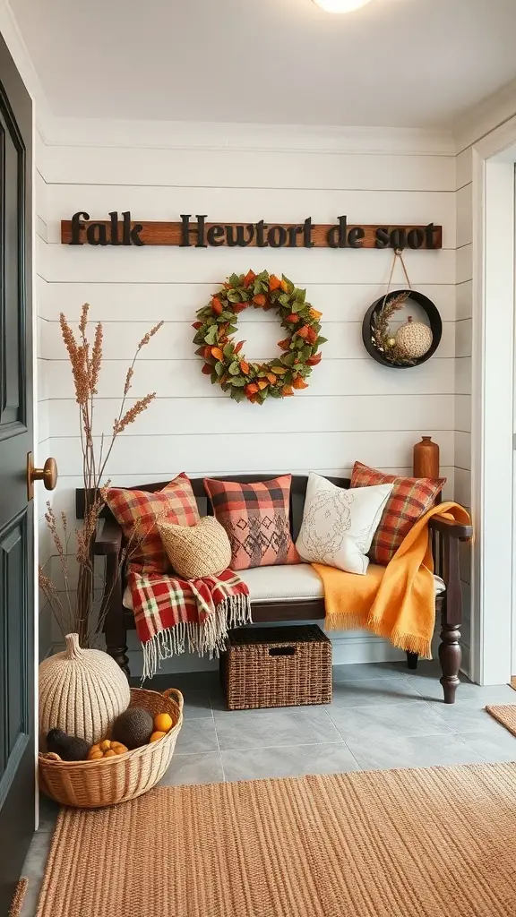 Cozy fall entryway with a bench, colorful pillows, a wreath, and decorative elements.