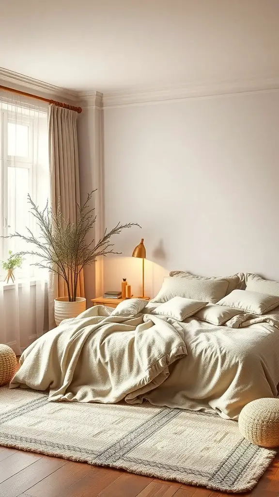 A cozy bedroom featuring warm neutral colors with soft bedding, curtains, and a potted plant.