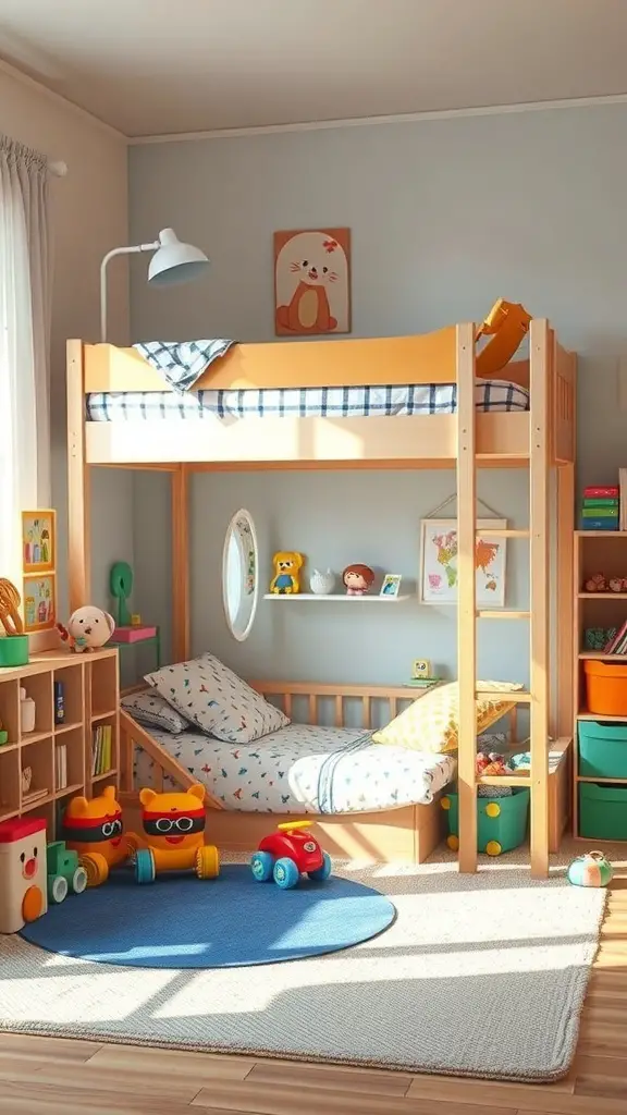25+ Creative Loft Bed Ideas for Small Rooms 4 A cozy kids' room featuring a wooden loft bed with colorful bedding, a play area below, and cheerful decor.