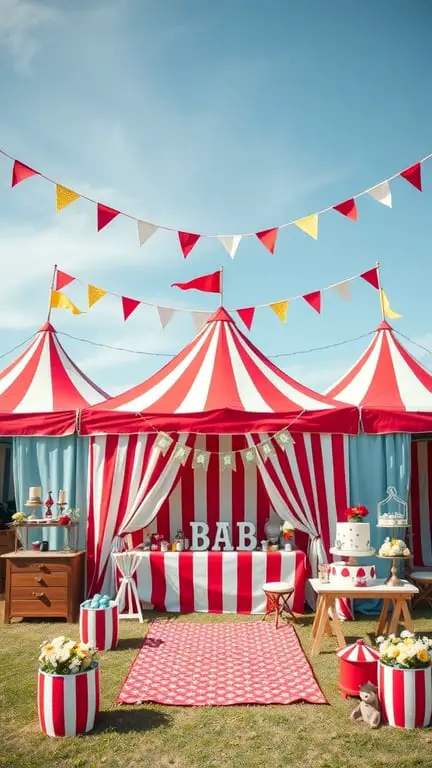 23+ Unique January Baby Shower Themes You’ll Love 5 A vintage circus-themed baby shower setup with red and white striped tents, colorful bunting, and a welcoming display.