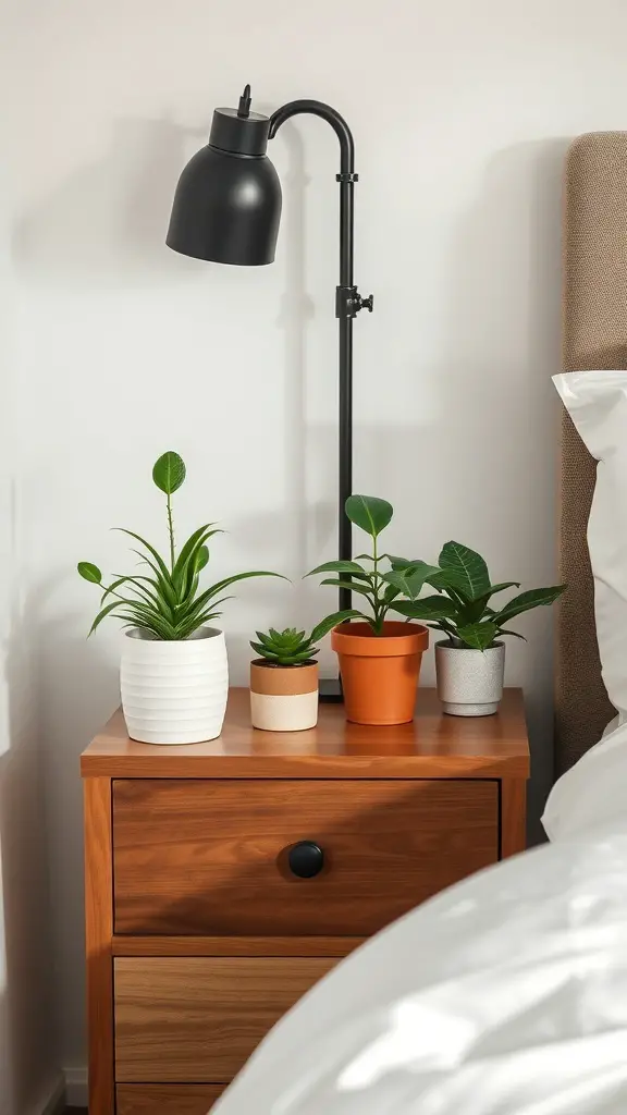 21 Essential Nightstand Organization Ideas for a Clutter-Free Bedroom 6 A nightstand with various plants in decorative pots, showcasing an organized and inviting space.