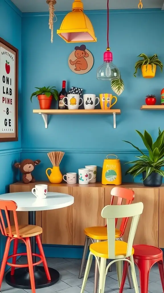 21 Unique Coffee Corner Ideas to Enhance Your Home Decor 9 A bright and colorful coffee corner with blue walls, playful decor, and a mix of colorful chairs.