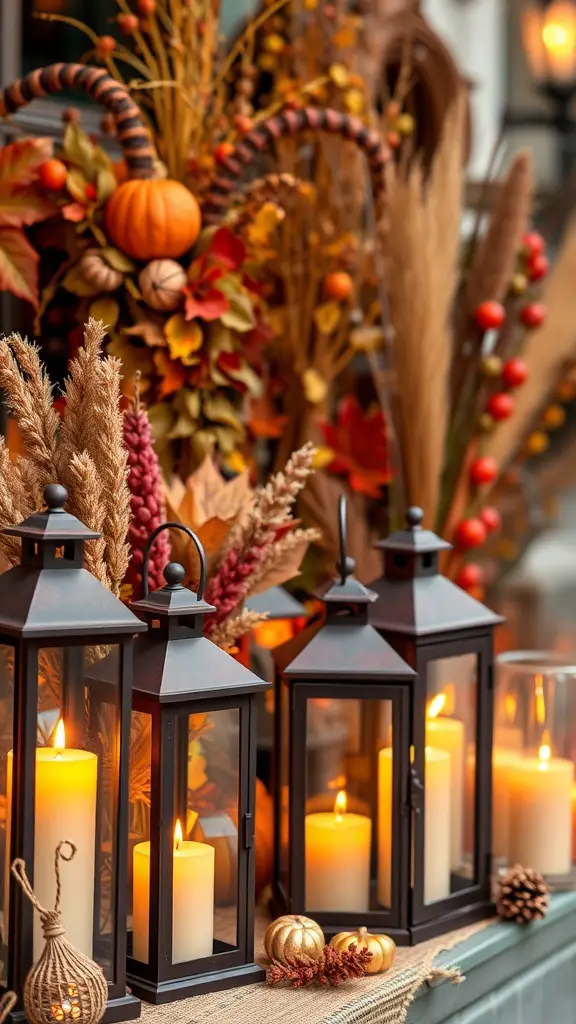 21+ Cozy Fall Decor Ideas from Hobby Lobby 4 Charming lanterns with candles surrounded by fall decor including pumpkins and colorful foliage.