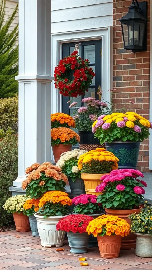 27+ Cozy Fall Porch Decorating Ideas to Try This Season 9 Colorful pots of mums and chrysanthemums on a porch with a red flower wreath