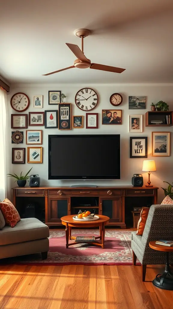 25+ Stunning TV Wall Ideas for Your Living Room 12 A vintage-inspired living room with a TV wall featuring framed art and clocks.