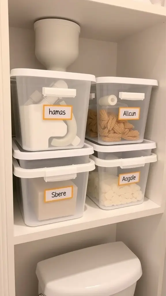 Organized bathroom shelf with labeled white containers