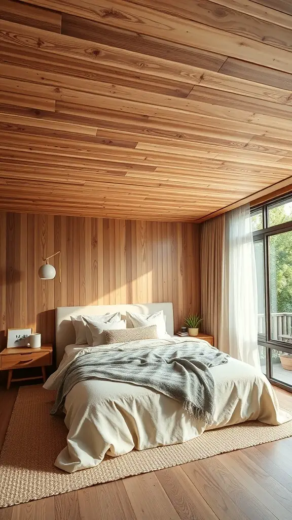 A cozy bedroom featuring cedar plank accents on the ceiling and walls, with soft bedding and natural light.