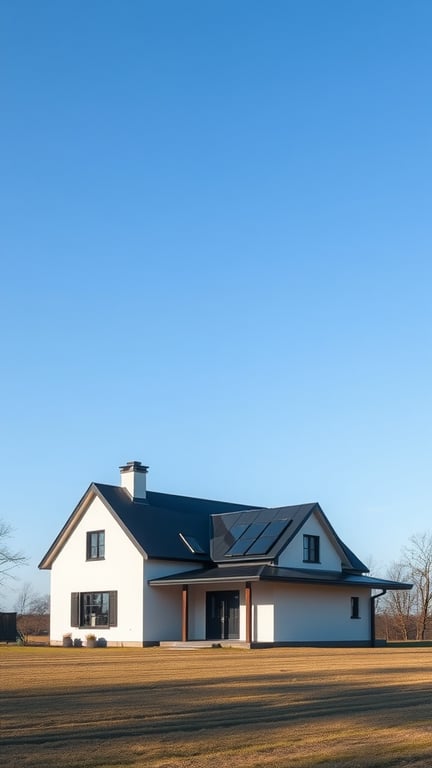 29+ Inspiring Modern Farmhouse Exterior Ideas 8 A modern farmhouse with a dark roof and light walls, featuring wooden accents and a clear blue sky.