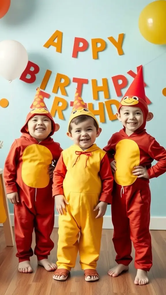 23+ Creative Curious George Birthday Party Ideas for a Fun Celebration 11 Three children in Curious George themed costumes celebrating a birthday.
