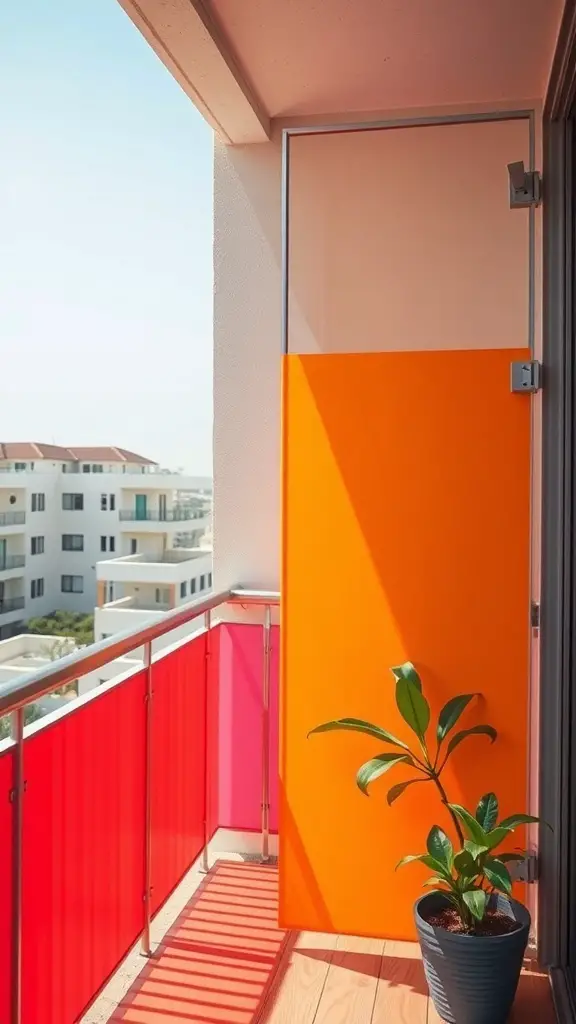 21+ Creative Balcony Privacy Ideas You’ll Love 14 A balcony featuring colorful privacy panels in orange and pink, with a green plant in a pot.