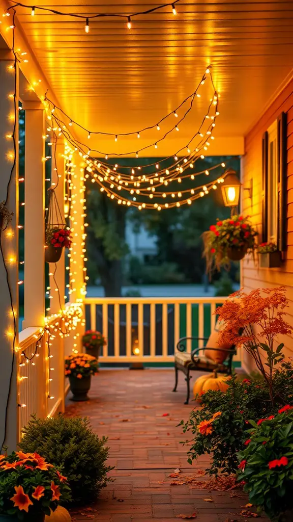 25+ Stunning Fall Front Door Decor Ideas to Transform Your Home 11 A cozy front porch decorated with twinkling string lights and fall flowers.