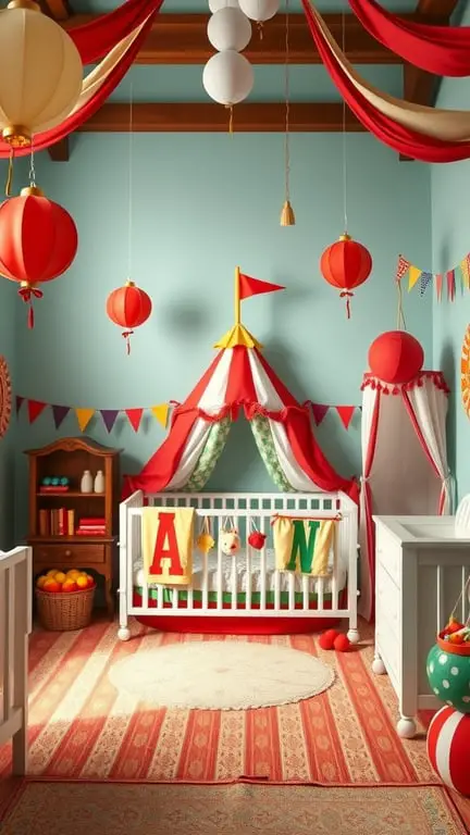 27+ Whimsical Baby Nursery Ideas for a Dreamy Space 8 A vintage circus-themed baby nursery with a crib, colorful decorations, and playful elements.