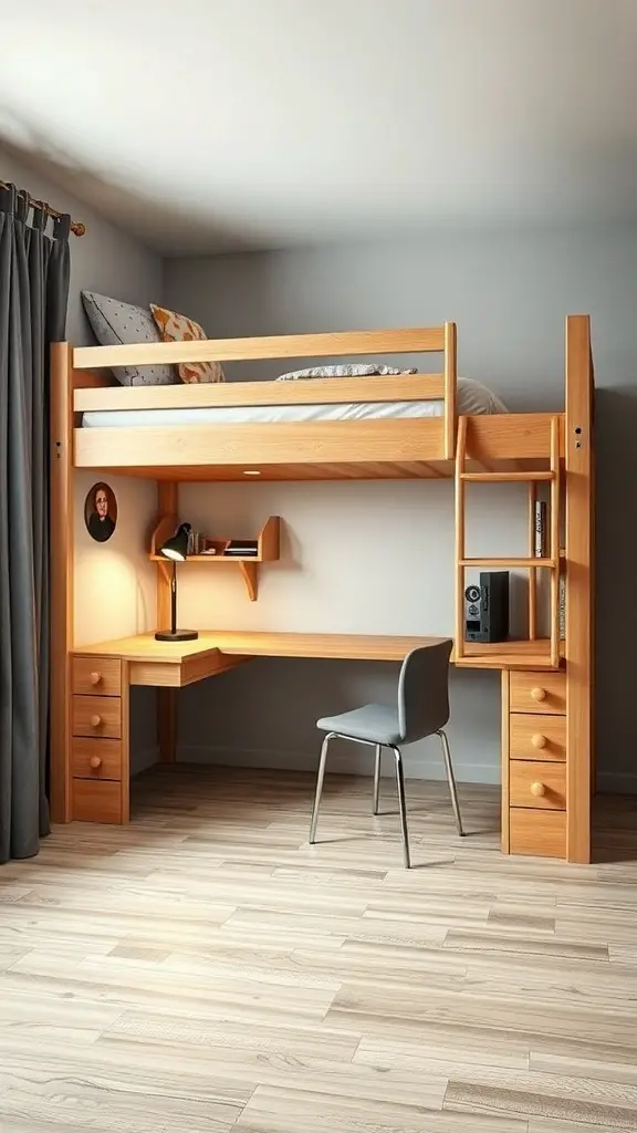 15+ Creative Adult Bunk Bed Ideas for Small Rooms 15 A wooden bunk bed with a built-in desk underneath, featuring a chair and storage drawers.