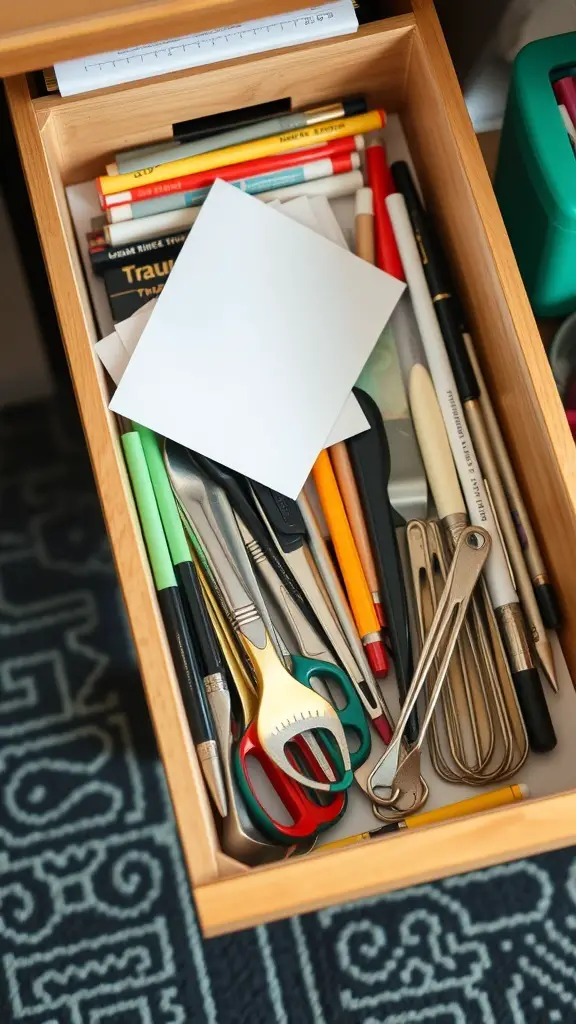 19+ Genius Junk Drawer Organization Ideas You Need to Try 16 A wooden cutlery tray filled with various small items like pens, scissors, and paper clips.