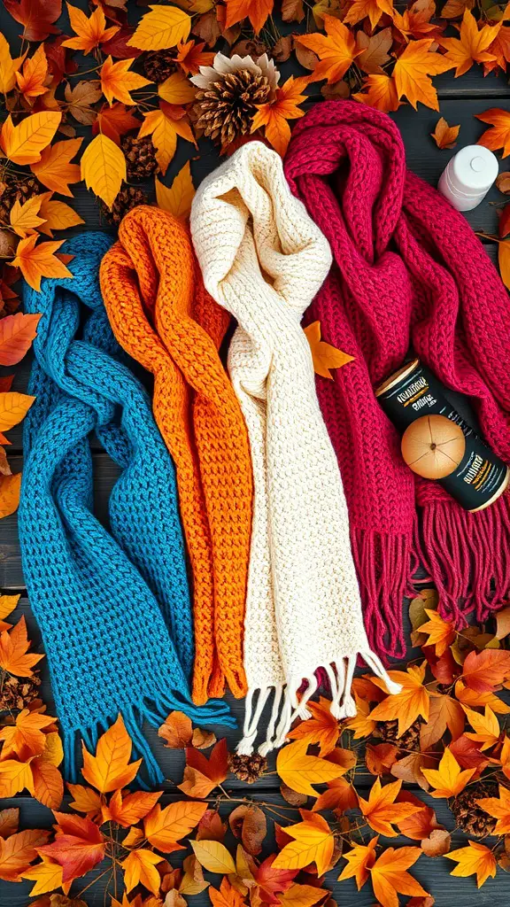 23+ Cozy Fall Crochet Ideas You’ll Love 6 Colorful crochet scarves in teal, orange, cream, and pink on a bed of autumn leaves.