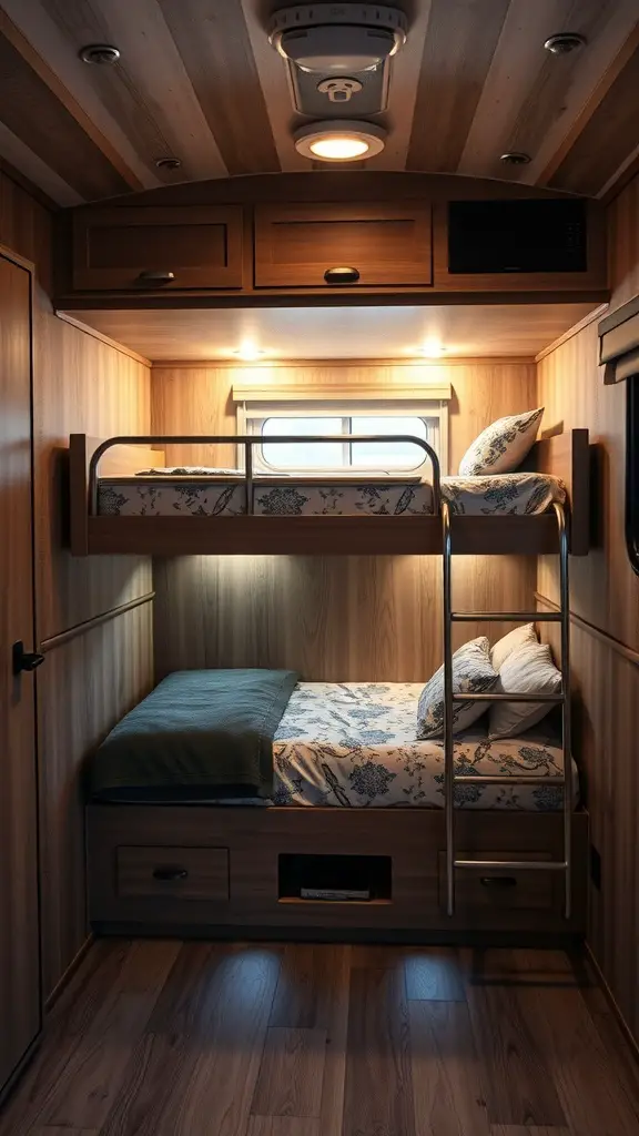 23 Creative Camper Bunk Bed Ideas for Your Next Adventure 14 Cozy camper interior with bunk beds and under-bed lighting