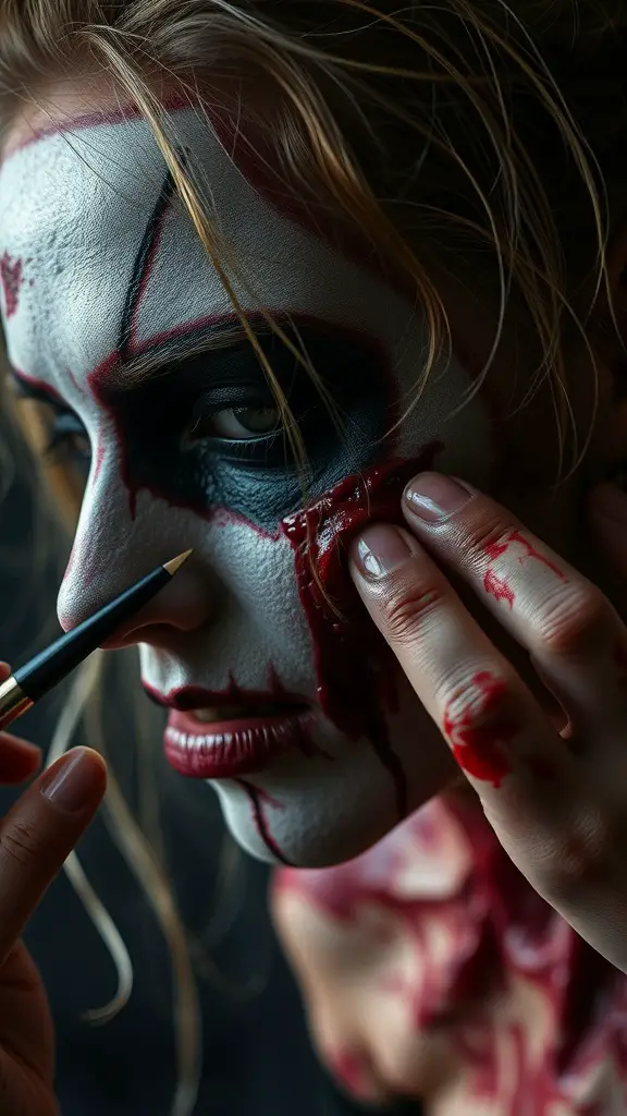 21+ Spooky and Creative Halloween Crafts for Adults 12 A close-up of a person applying gory makeup, featuring a pale face with dark eyes and blood-like details.