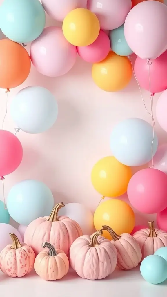 20+ Adorable Pink Pumpkin Baby Shower Ideas 14 A decorative arrangement of pink pumpkins and colorful balloons for a baby shower.