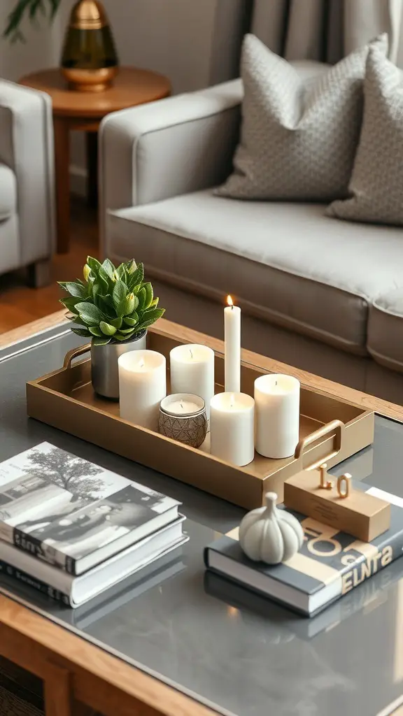 15 Creative Coffee Table Arrangement Ideas to Elevate Your Living Space 3 A stylish coffee table arrangement featuring a tray with candles, a plant, and books.