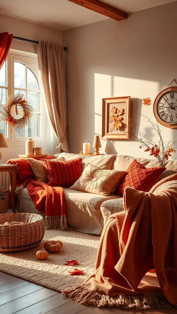 23+ Cozy Fall Living Room Decor Ideas to Transform Your Space 9 Cozy autumn living room with warm color palette, featuring a sofa with throw pillows, a blanket, and seasonal decor.