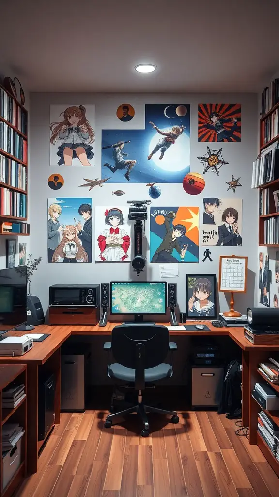A cozy otaku room featuring interactive wall decals of anime characters and themes.