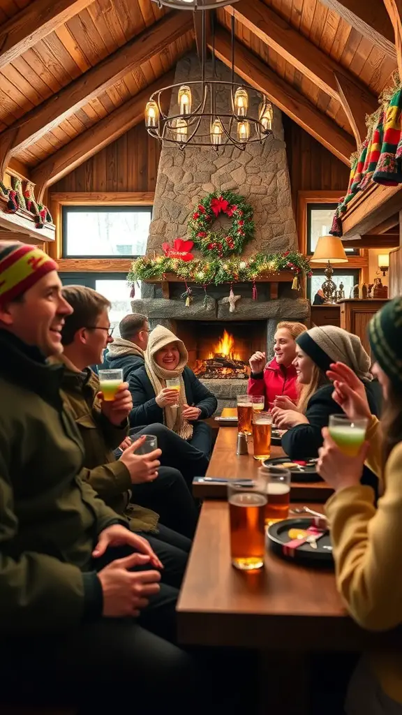 21+ Fun Winter Birthday Party Ideas for All Ages 6 A cozy ski lodge with friends celebrating a winter birthday by the fireplace.