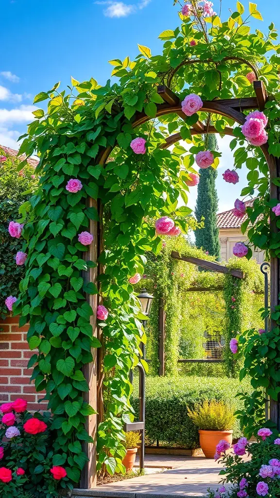 25+ Stunning Italian Garden Ideas for Your Outdoor Space 9 A charming garden archway covered with climbing vines and pink flowers, leading to a lush green area.