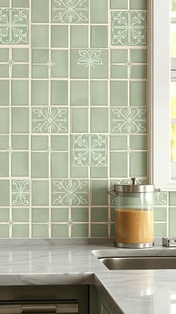 29+ Stunning Sage Green Kitchen Ideas to Transform Your Space 4 Sage green kitchen backsplash with decorative white tile patterns