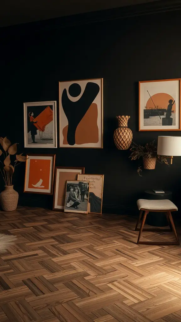 25+ Stunning Dark Feminine Decor Ideas for Your Room 7 A dark feminine room with artistic wall decor featuring various framed artworks and a cozy chair.
