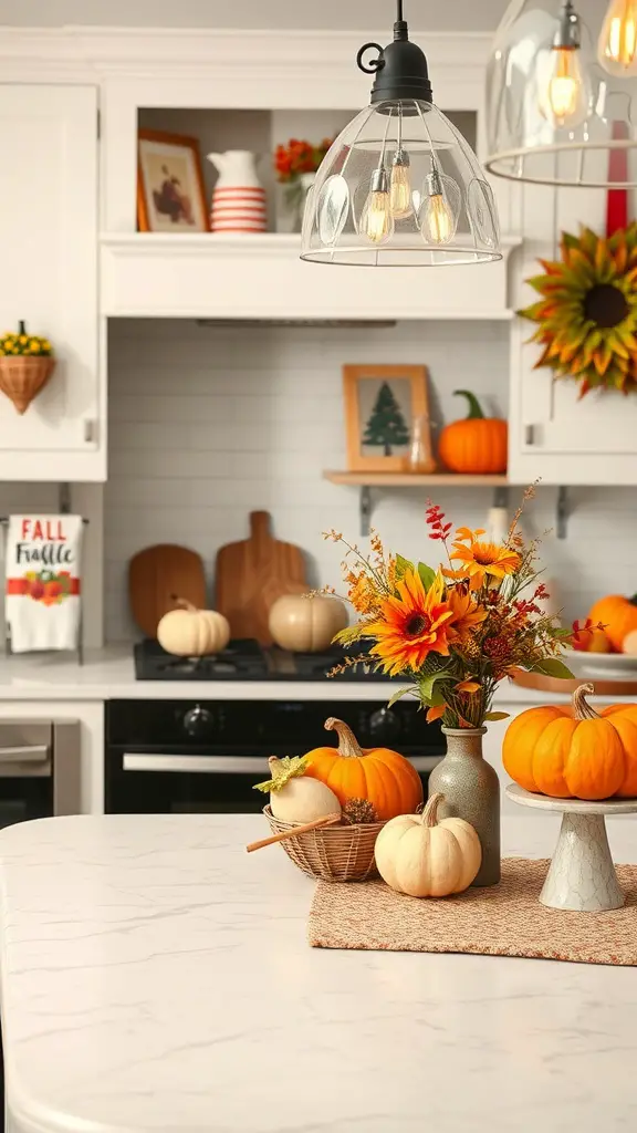 A cozy kitchen decorated for fall with pumpkins, sunflowers, and warm lighting.