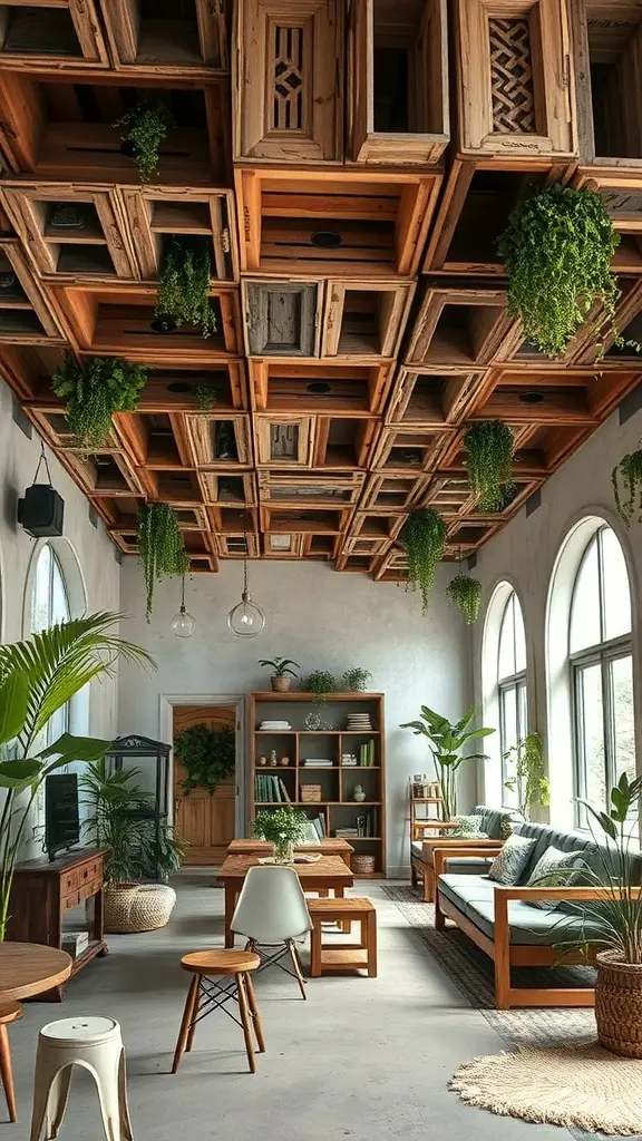A cozy room with a wooden crate ceiling, featuring hanging plants and natural decor.