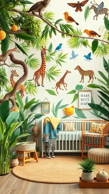 27+ Whimsical Baby Nursery Ideas for a Dreamy Space 10 A whimsical jungle-themed baby nursery with animal decals, greenery, and cozy furniture.