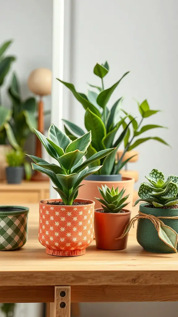 25+ Unique Plant Pot Designs You Need to Try 13 A collection of fabric-wrapped plant pots with various designs and plants.