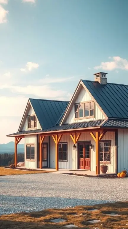 29+ Inspiring Modern Farmhouse Exterior Ideas 5 A modern farmhouse with a stylish metal roof, featuring white siding and wooden accents.