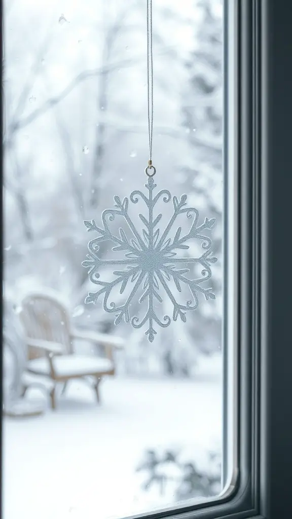25+ Festive Christmas Craft Ideas to Get You in the Holiday Spirit 7 A snowflake window cling hanging in a snowy window